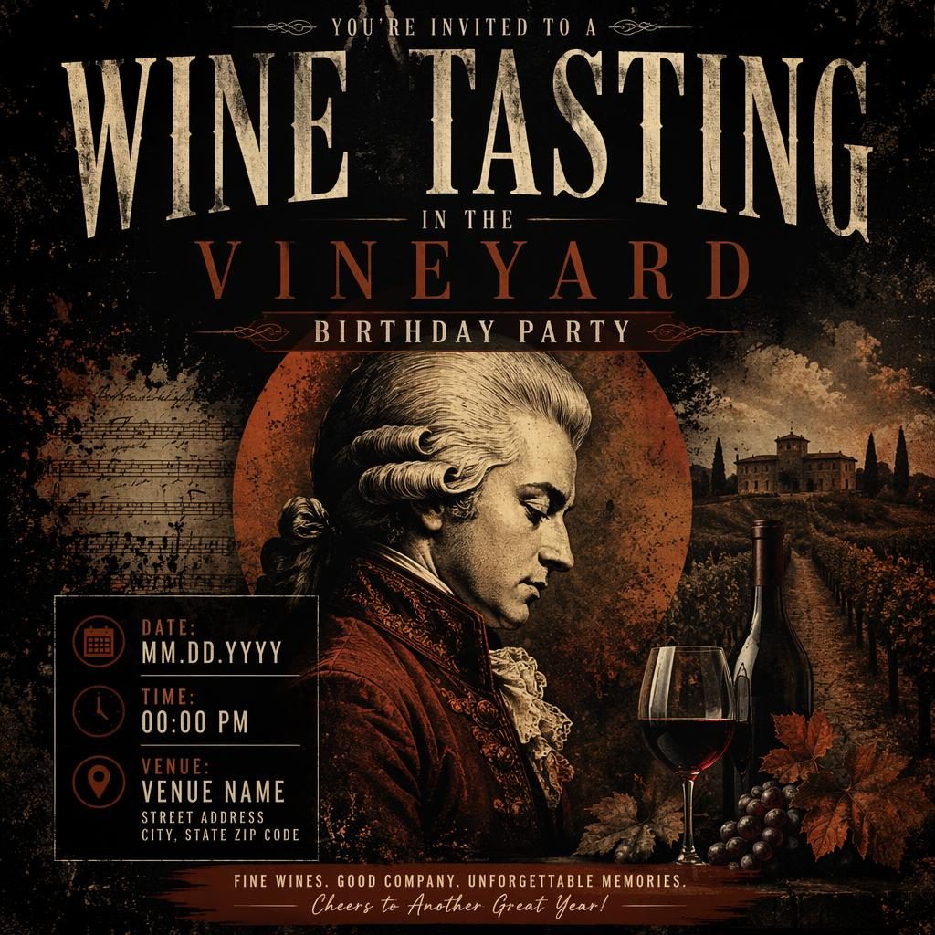 Dark grunge-style event poster for a wine tasting vineyard birthday party in autumn rust tones with sharp placeholder text.