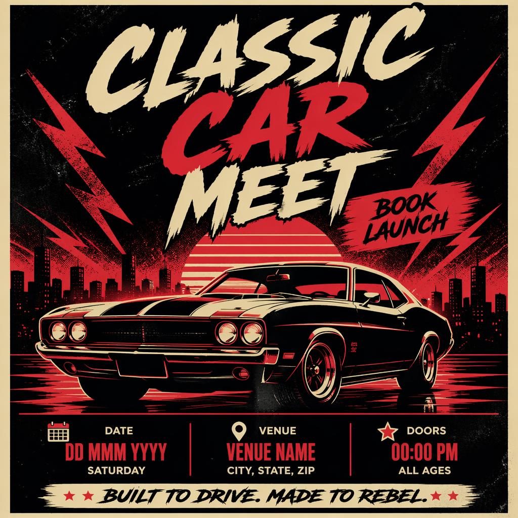 Retro 1980s neon event poster showing a classic car meet for a book launch, with cream and red tones and sharp placeholder text.