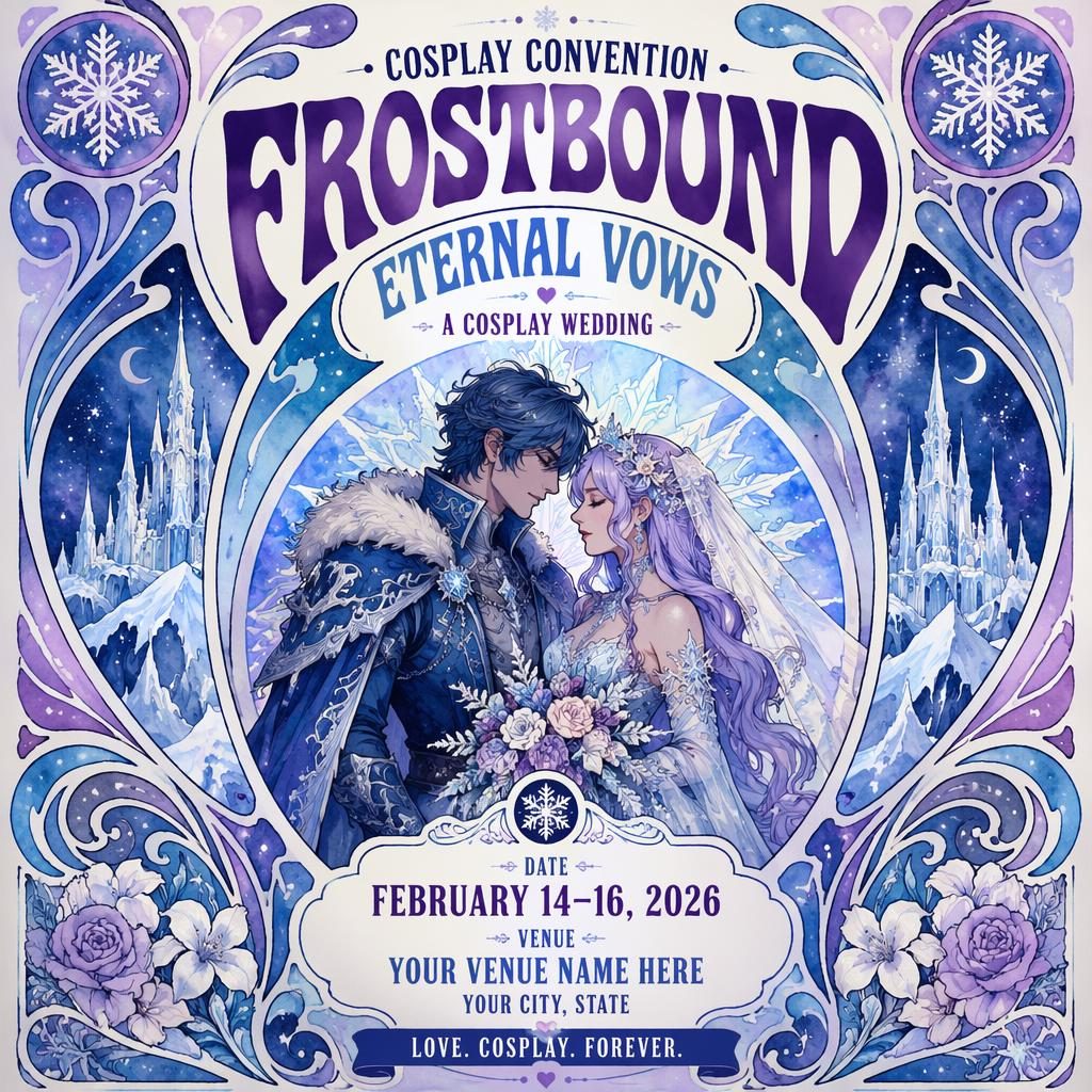 Watercolor winter event poster for a cosplay wedding convention with icy festive colors and clean placeholder text for name, date, and venue.