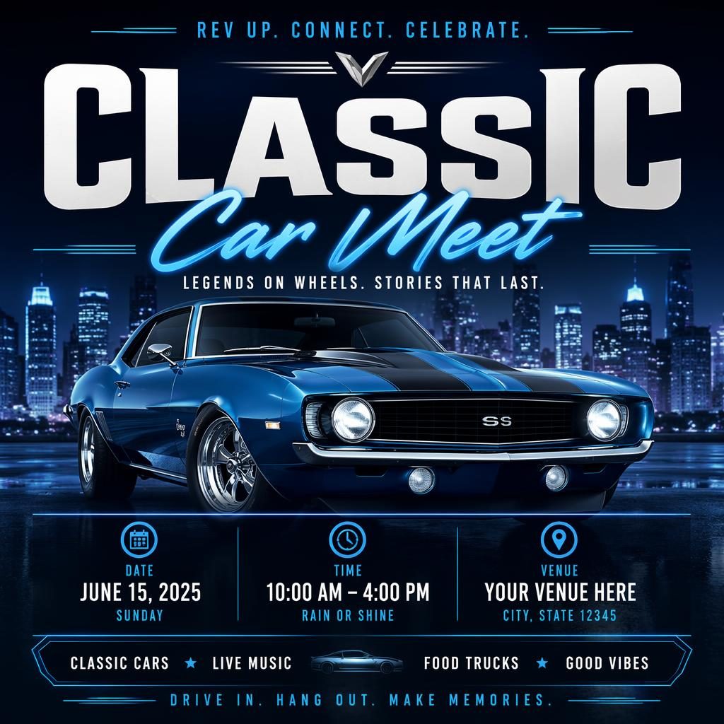 AI event poster showing a classic car meet with bold neon typography, formal layout, and clear date and venue placeholder text.