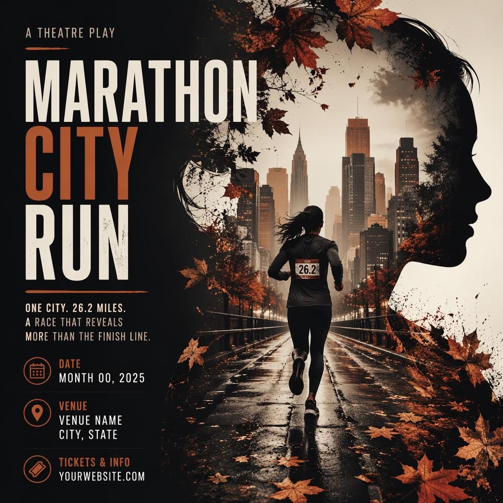 Modern editorial event poster for Marathon City Run theatre play with dark mysterious mood, rust autumn palette, and clean placeholder text.