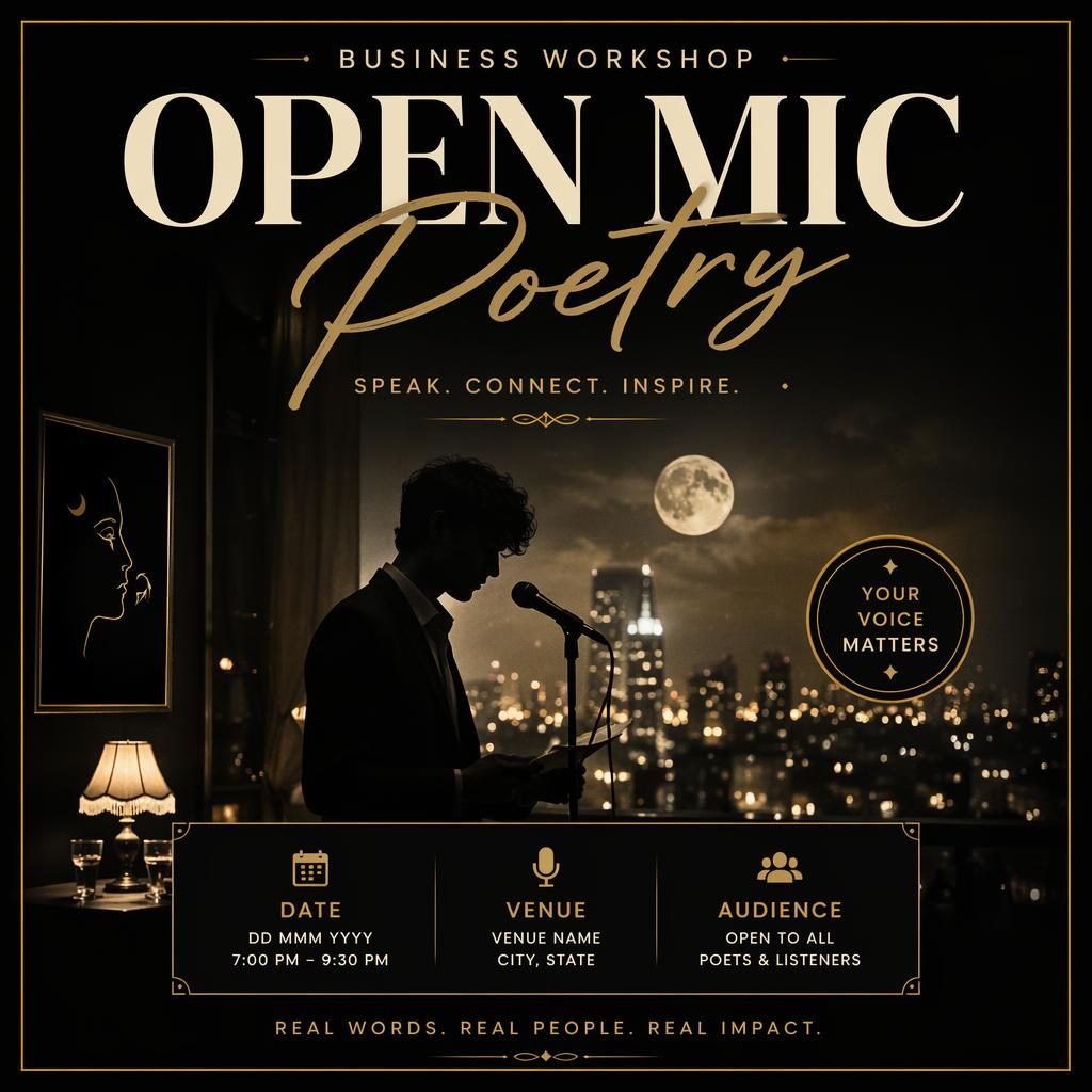 Modern editorial event poster for open mic poetry in black and gold with dreamy romantic mood and clear date, venue placeholders.