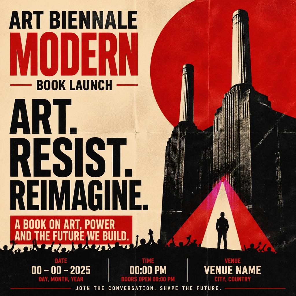 Modern book launch event poster with bold typography, vintage cream and red palette, and clean date and venue placeholders.