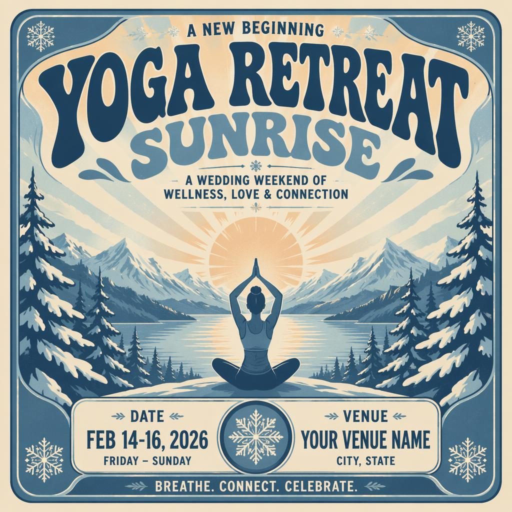 Vintage 1960s-style winter wedding event poster with sunrise yoga imagery, icy blue palette, and sharp placeholder text