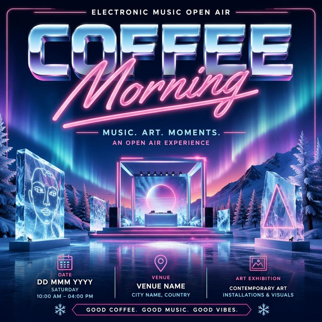 Retro 1980s neon winter event poster with icy blue visuals, festive mood, and clean placeholder text for name, date, and venue.