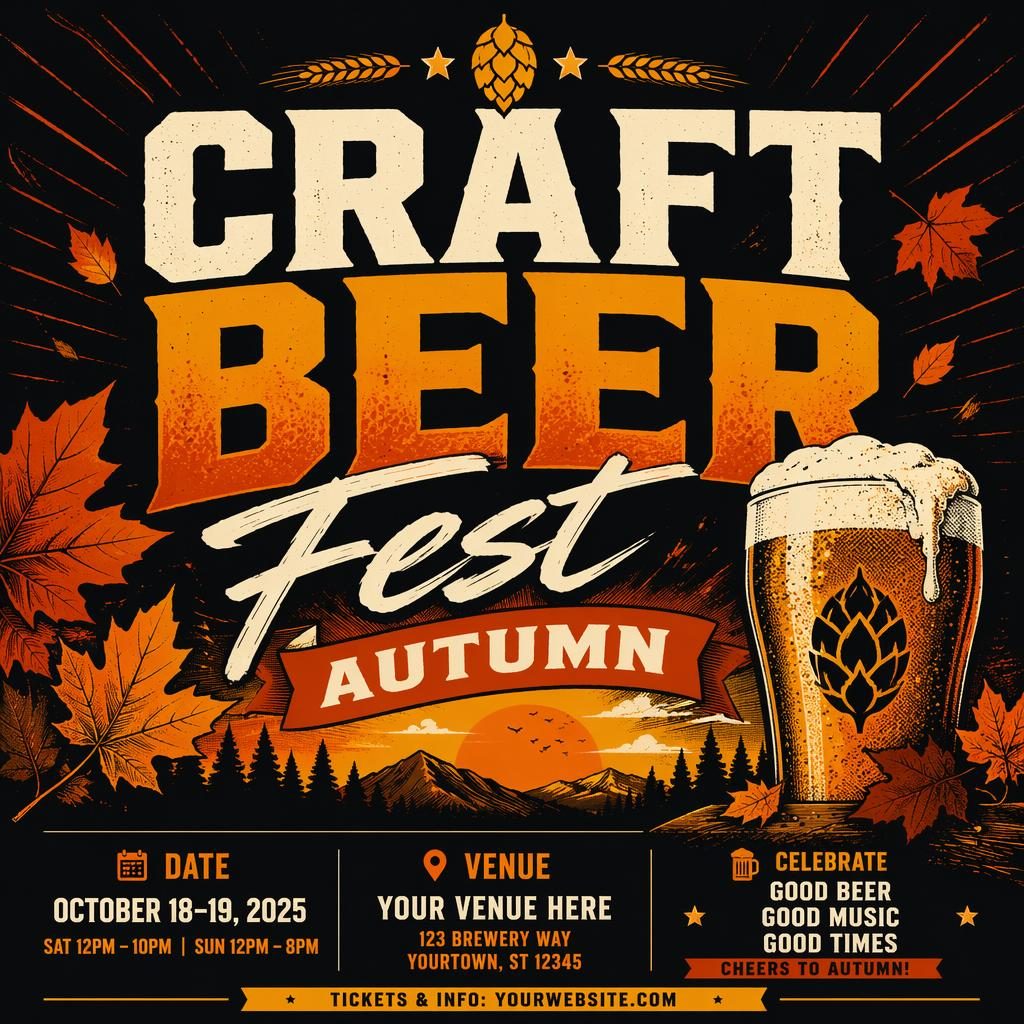 Bold autumn craft beer festival event poster with strong typography, high-contrast colors, and clean date and venue placeholders.