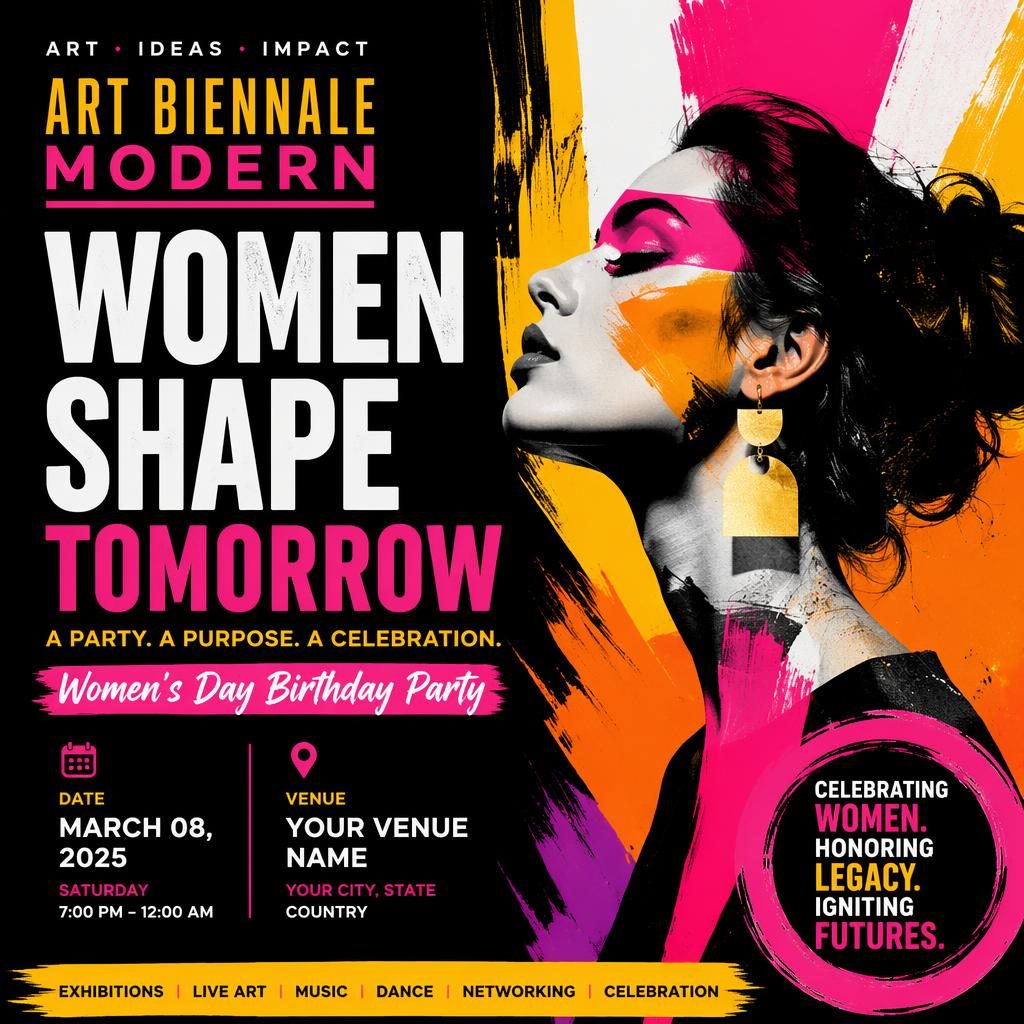 Modern art biennale event poster with bold typography, energetic layout, high-contrast colors, and clean date and venue placeholder text.