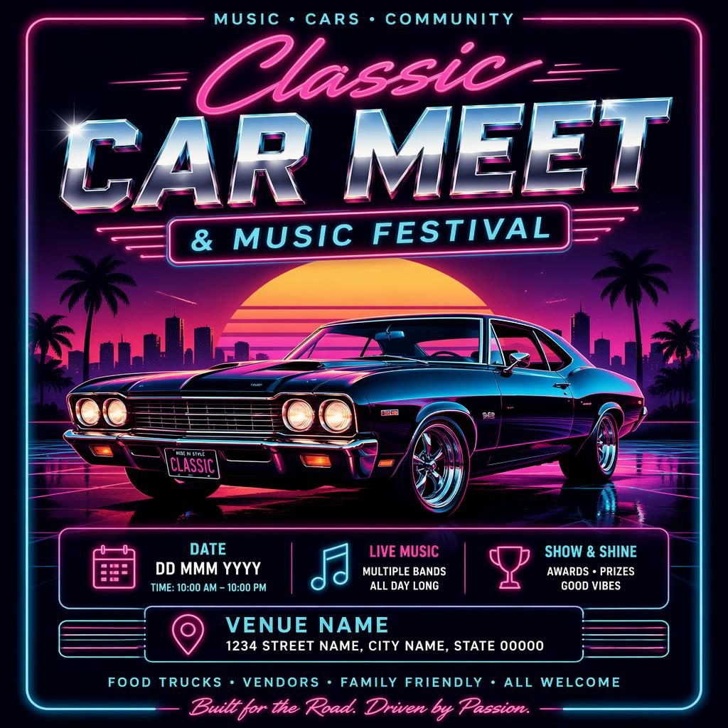 Retro 1980s neon event poster showing a classic car meet with clean placeholder text for event name, date, and venue.
