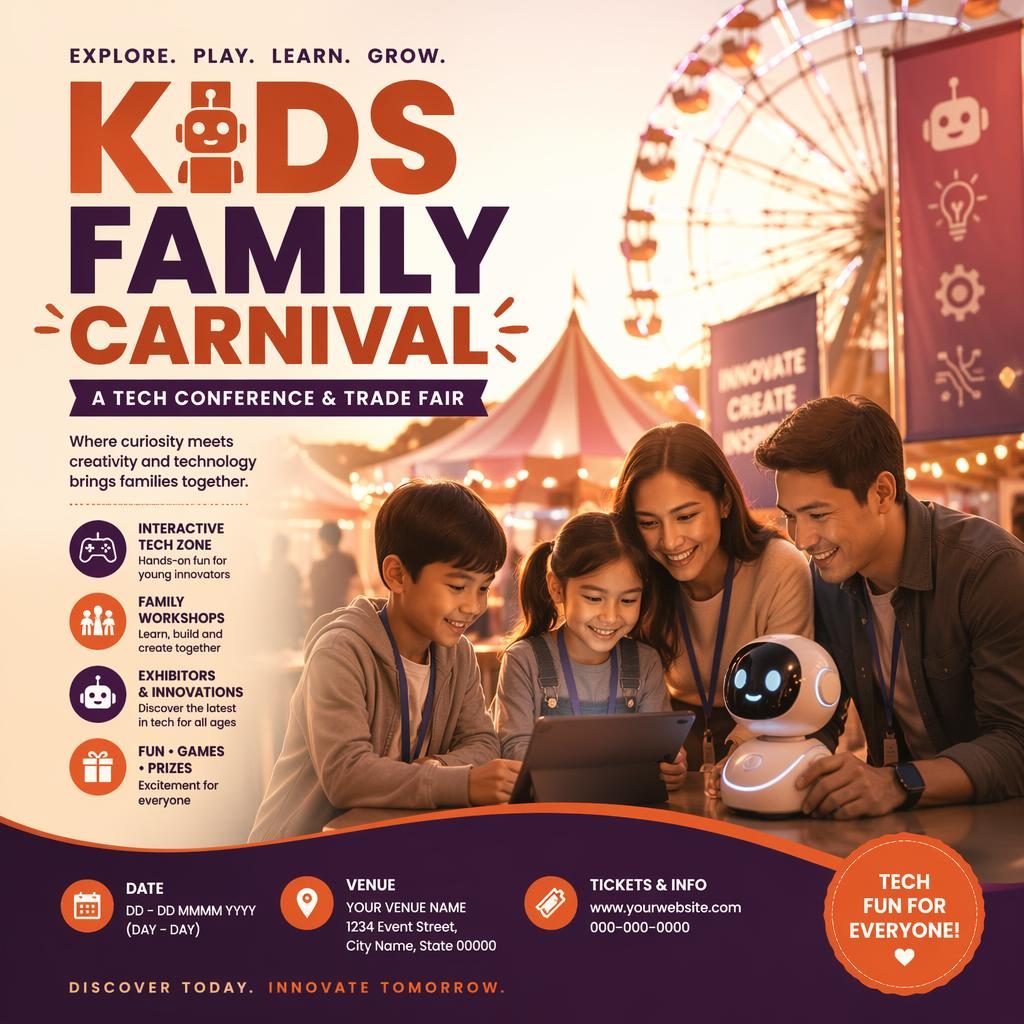 Modern editorial event poster for a kids family carnival tech conference with warm sunset colors and sharp placeholder text.