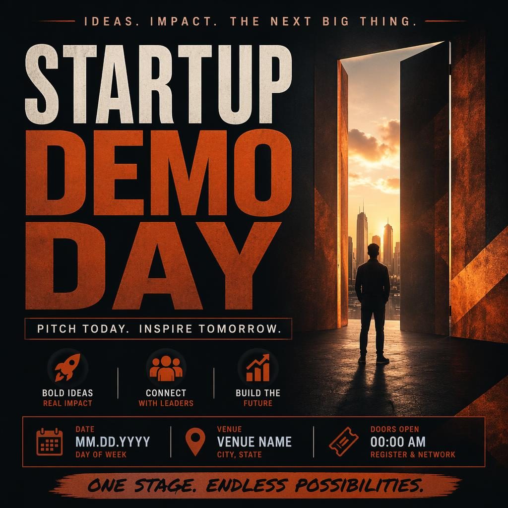 AI event poster for a startup demo day with bold typography, dark mysterious mood, autumn rust colors, and clean date and venue placeholders.