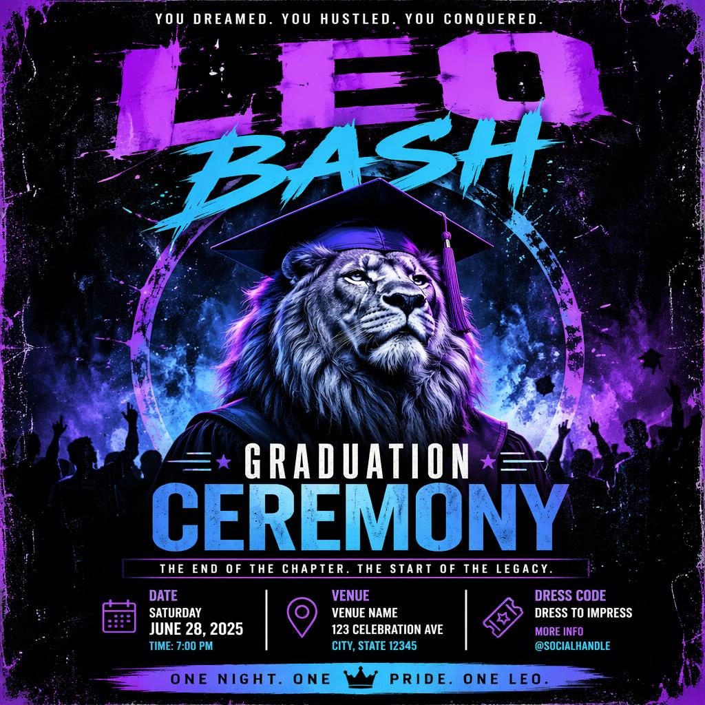AI event poster for a graduation ceremony party with grunge band styling, neon colors, formal mood, and readable placeholder text.