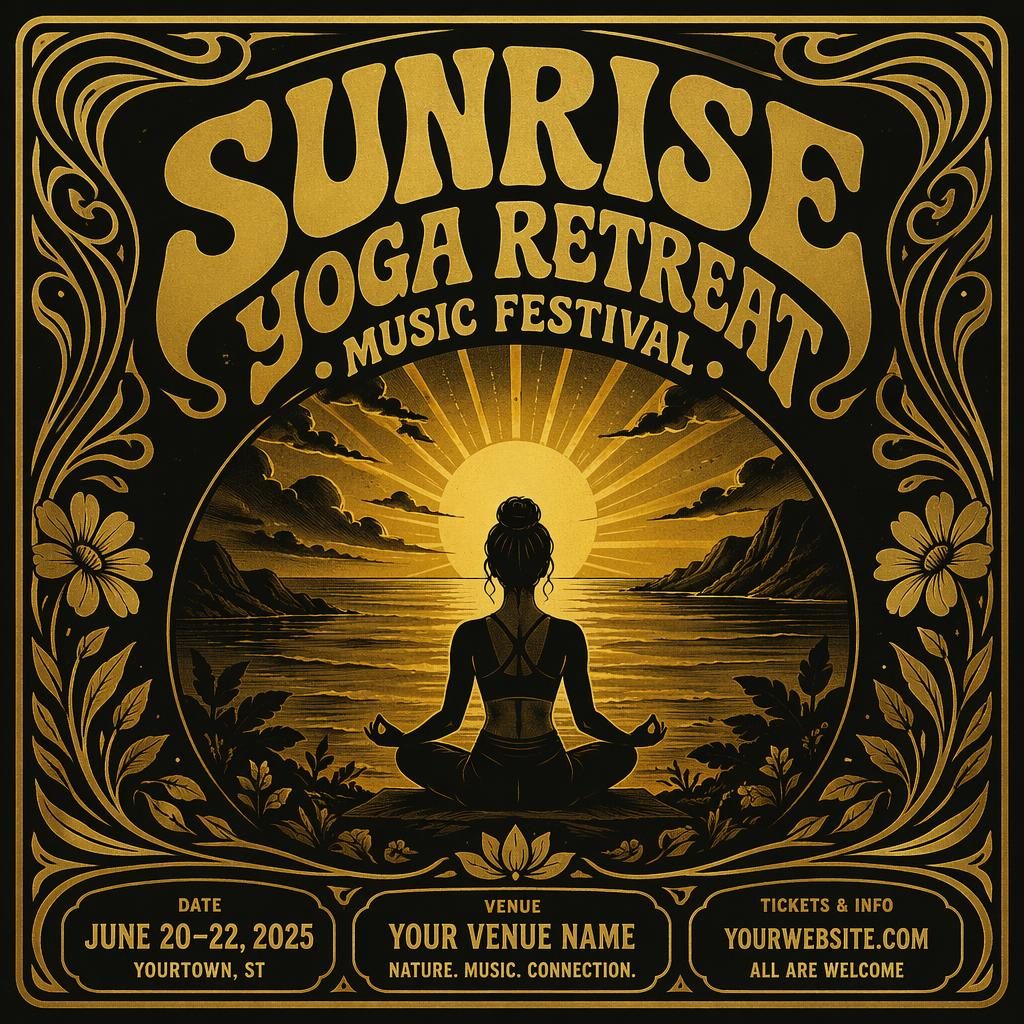 Vintage 1960s-inspired event poster for Yoga Retreat Sunrise in black and gold with dreamy imagery and clean text.