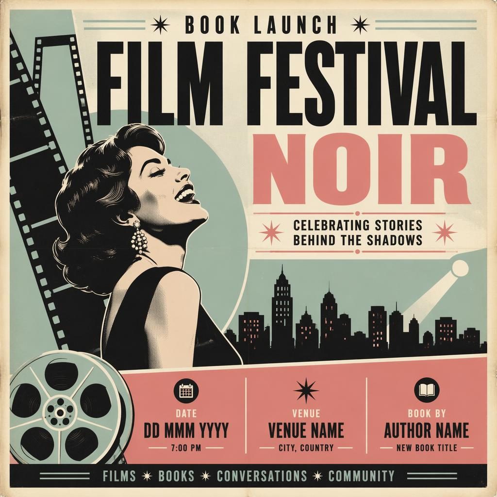 Cartel de evento noir tipo festival de cine para lanzamiento de libro, estilo vintage sesentero, paleta pastel y tipografía clara.