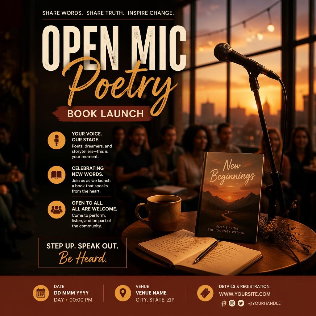 Photographic event poster for an open mic poetry book launch with a cozy warm sunset mood and clean placeholder text.