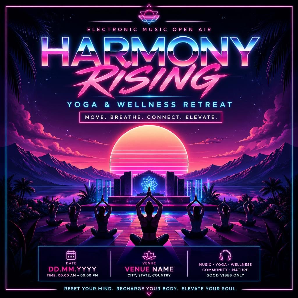 Retro 1980s neon event poster for a wellness retreat open air, with clean English placeholder text, cool neon colors.
