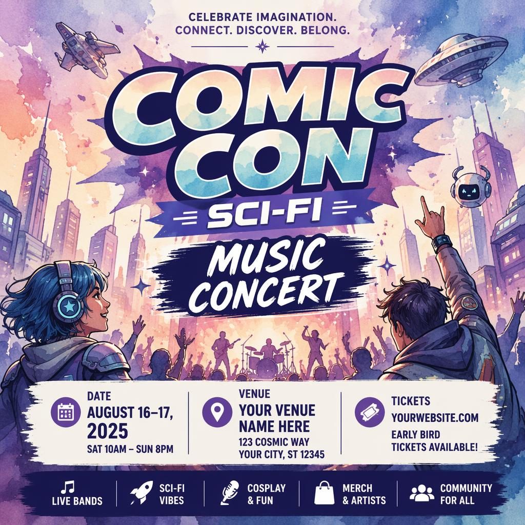 Aquarell-Eventposter für ein Sci-Fi-Comic-Con-Musikkonzert in Pastellfarben mit klaren englischen Platzhaltern für Name, Datum und Venue.