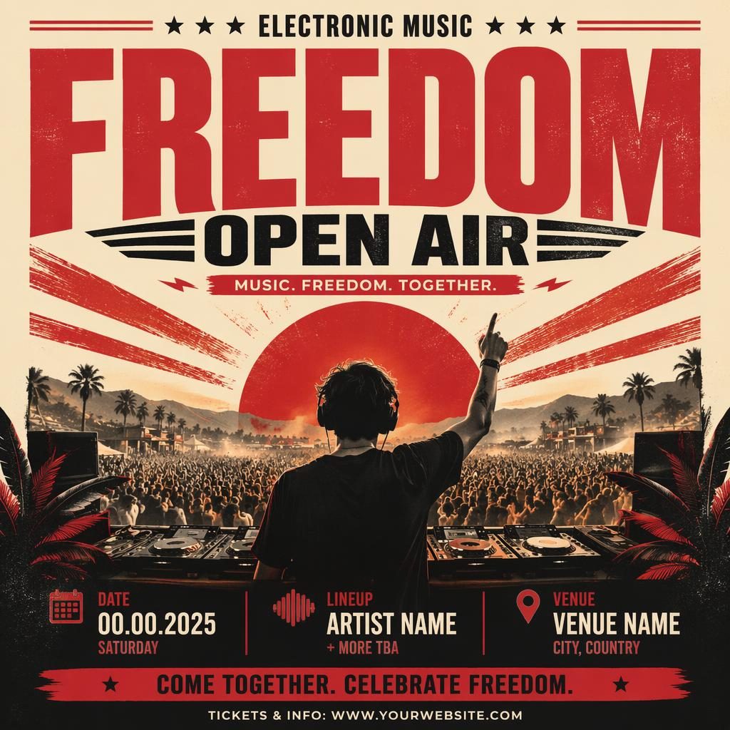 Modern editorial event poster for an electronic music open air holiday celebration in cream and red with bold readable text.