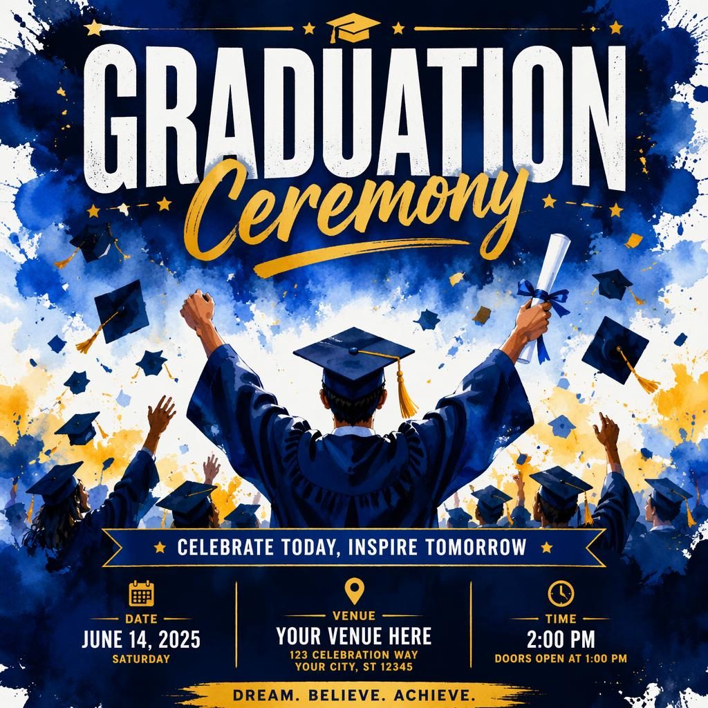 Watercolor graduation ceremony event poster with bold festive colors and clean placeholder text for name, date, and venue.