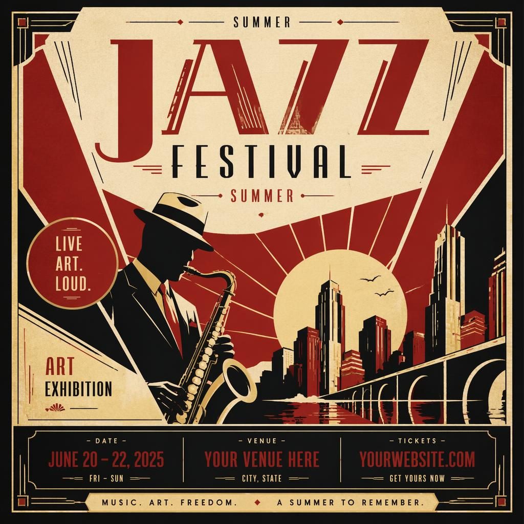 Art Deco luxury event poster for a summer jazz festival art exhibition in cream and red with bold typography placeholders.