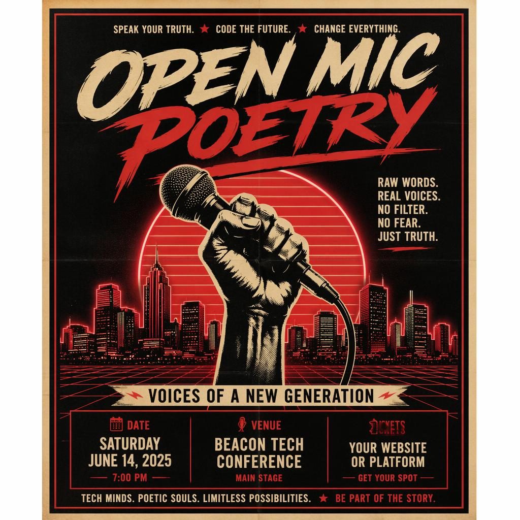 Retro 1980s neon event poster for an open mic poetry tech conference in cream and red with sharp placeholder text.