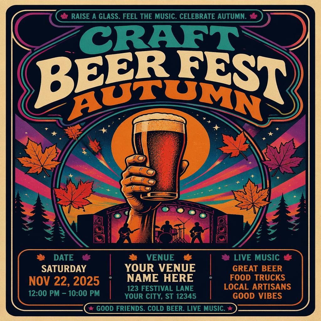 Vintage 1960s-style event poster for a craft beer fest autumn music festival with cool neon colors and sharp placeholder text.