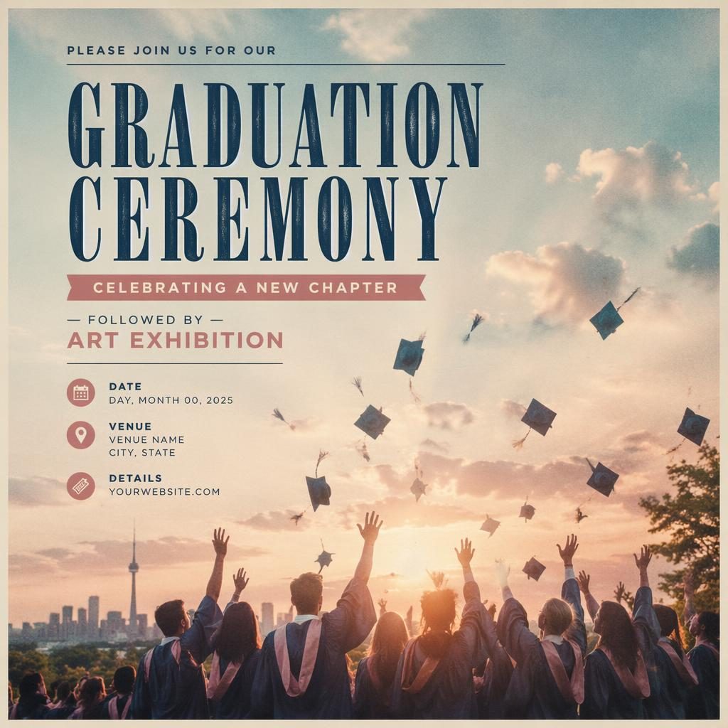 Photographic graduation ceremony event poster with pastel overlay, joyful mood, clean English placeholder text, date and venue.