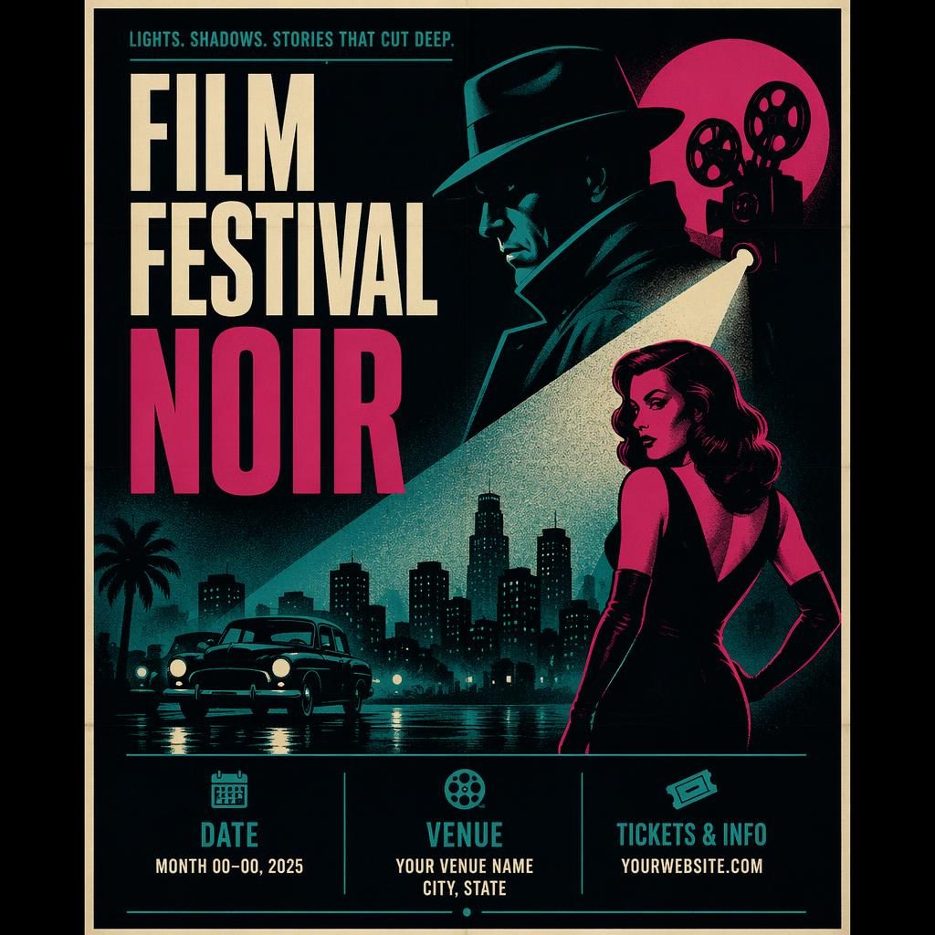 Vintage 1960s noir sports event poster with cool neon colors, formal gig-poster layout, and sharp English placeholder text.