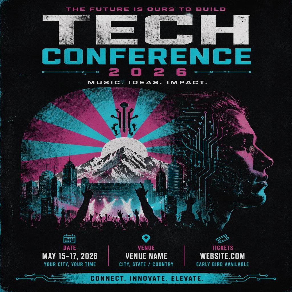 Grunge-style event poster for a 2026 tech conference with neon colors, sharp date and venue placeholders, and formal layout.
