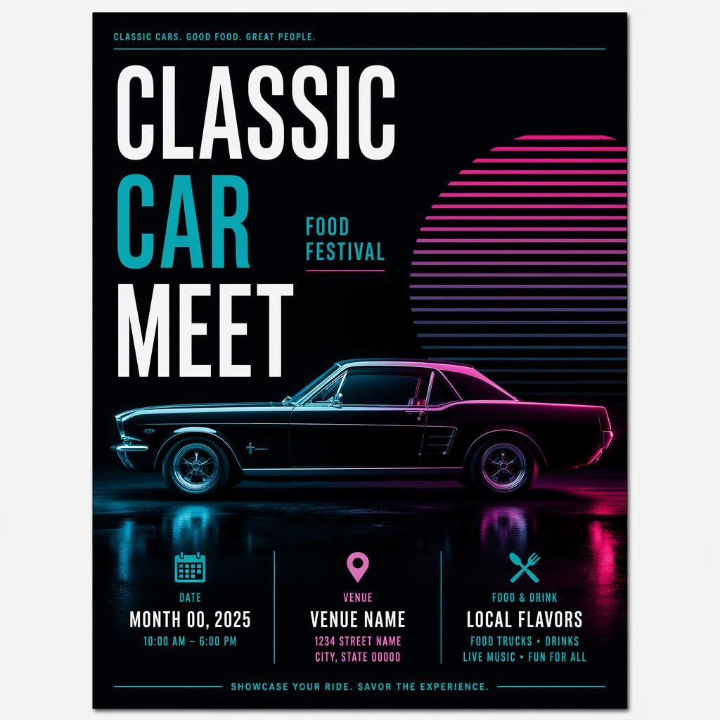 Minimalist Swiss event poster with a classic car, cool neon palette, and clean placeholder text for date and venue.