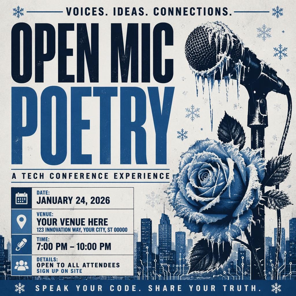 Bold winter-themed event poster for an open mic poetry tech conference with icy blue palette and sharp placeholder text.