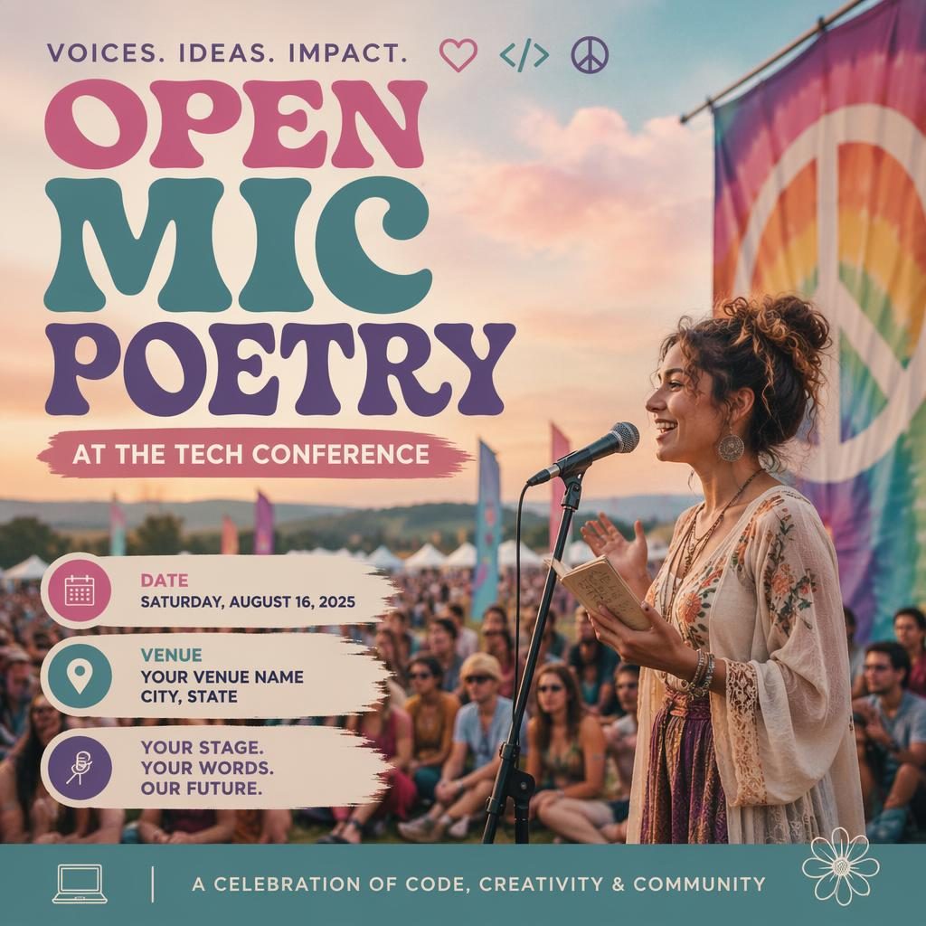 Photographic event poster for open mic poetry at a tech conference with pastel overlay, joyful crowd, and sharp placeholder text.