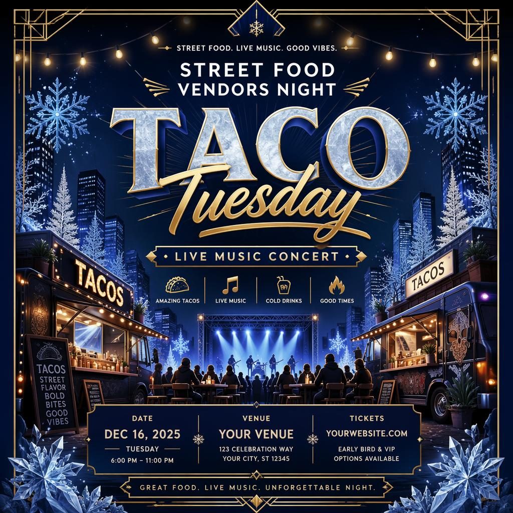 Art deco winter concert poster for street food vendors night with icy blue palette, festive details, and clean placeholder text