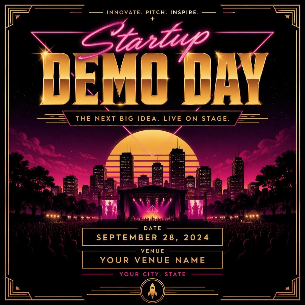Retro 1980s neon event poster for a startup demo day with a dreamy romantic mood, black and gold palette, and clean placeholder text.