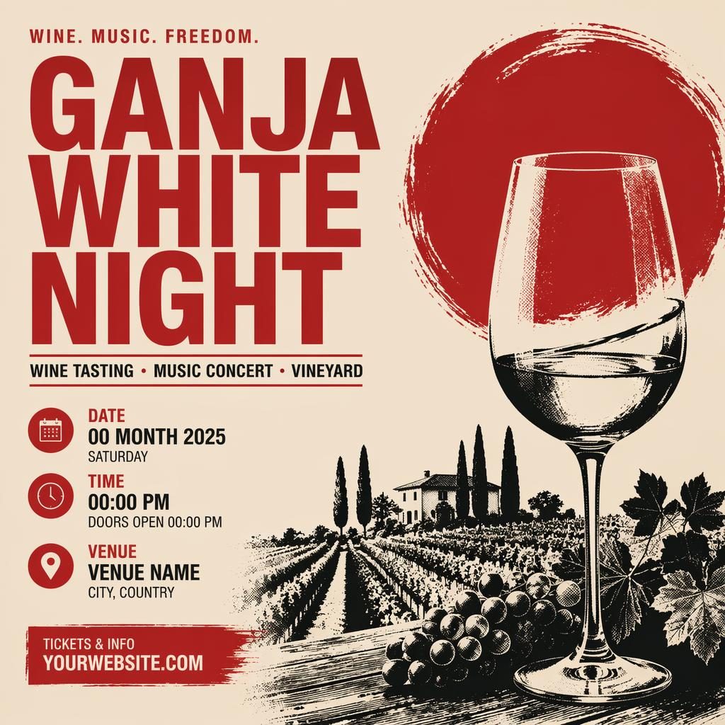 Minimalist Swiss-style event poster for a wine tasting vineyard concert in cream and red with bold typography and clean placeholders.