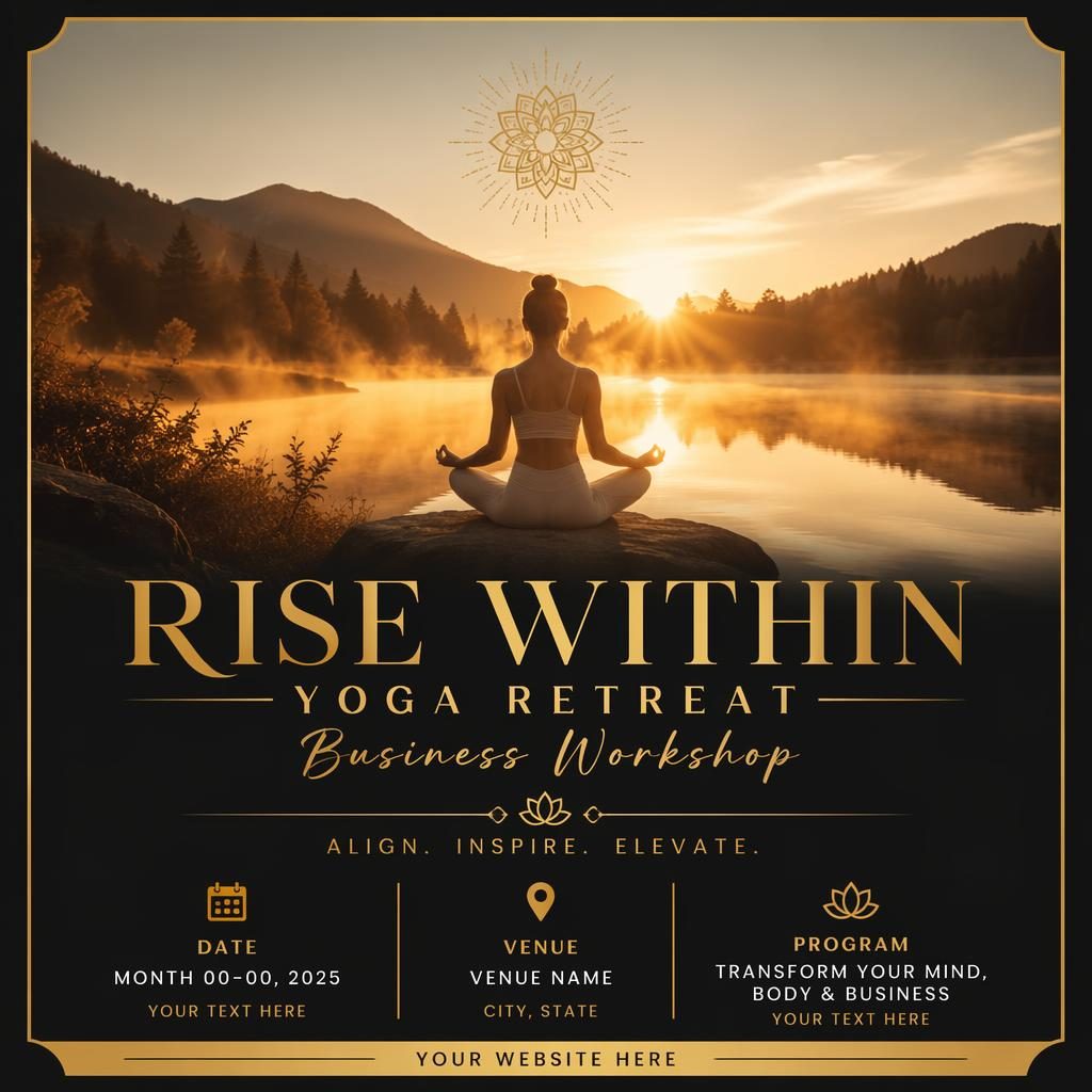 Photographic event poster of a sunrise yoga retreat with dreamy black and gold overlay and clean placeholder event text.