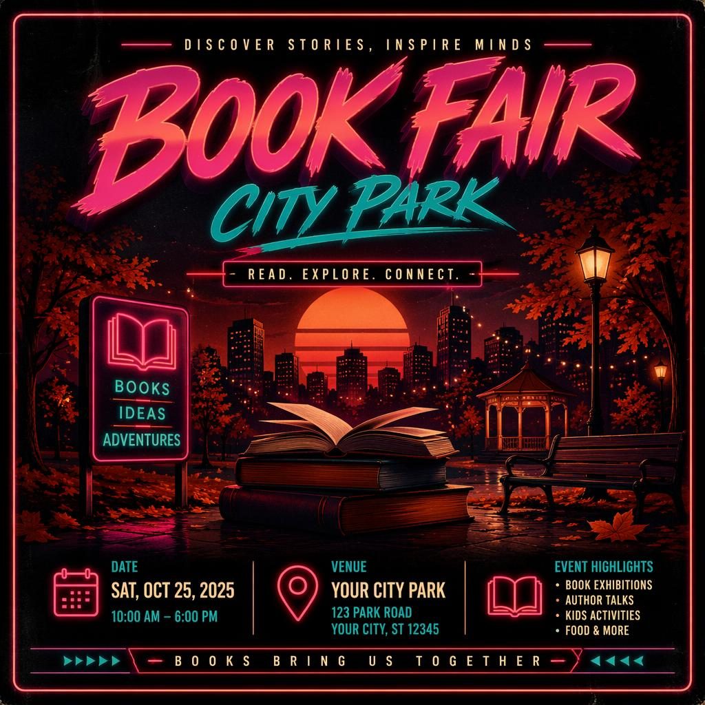 Retro 1980s neon event poster for Book Fair City Park with dark autumn tones and clean English placeholder text.
