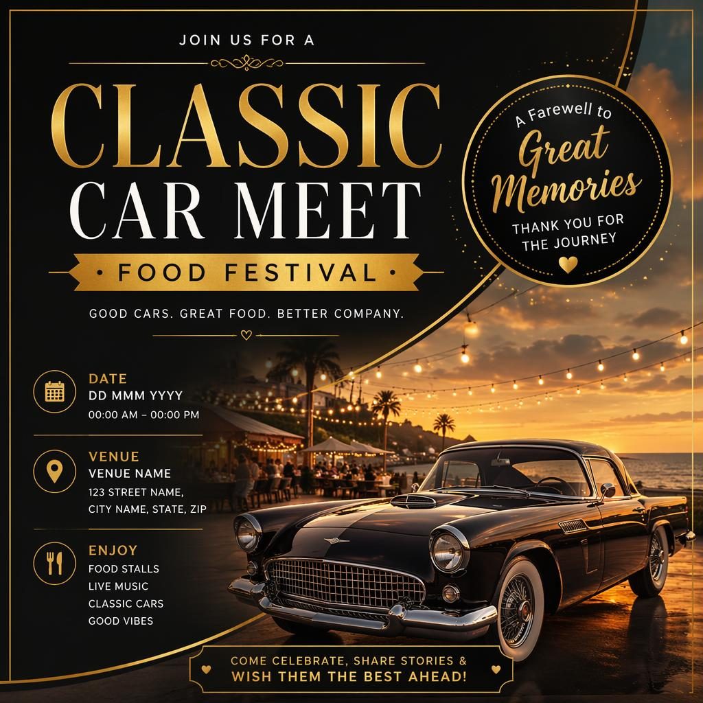 Modern editorial event poster for a classic car meet food festival in black and gold with dreamy romantic styling.