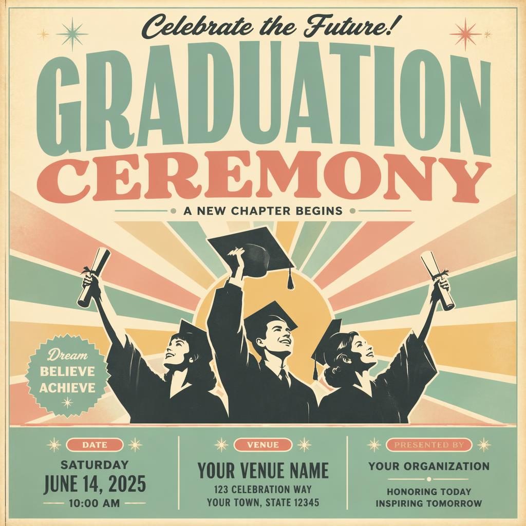 Vintage 1960s-style graduation event poster with pastel colors, joyful celebratory layout, and sharp placeholder text