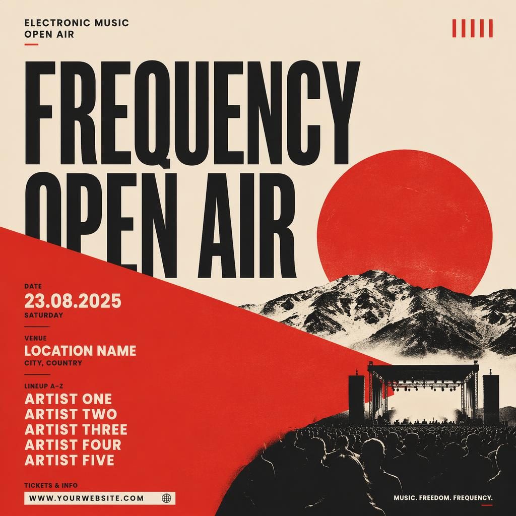 Minimalist Swiss-style electronic music open air poster in cream and red with bold layout and clean event text placeholders.
