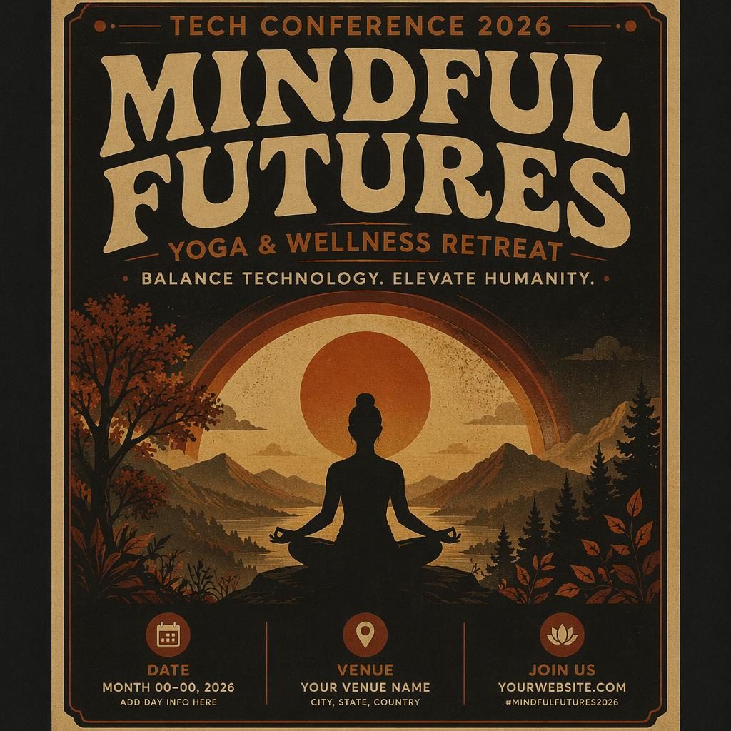 Vintage 1960s-style wellness retreat poster with dark autumn rust palette, readable event name, date, and venue text.