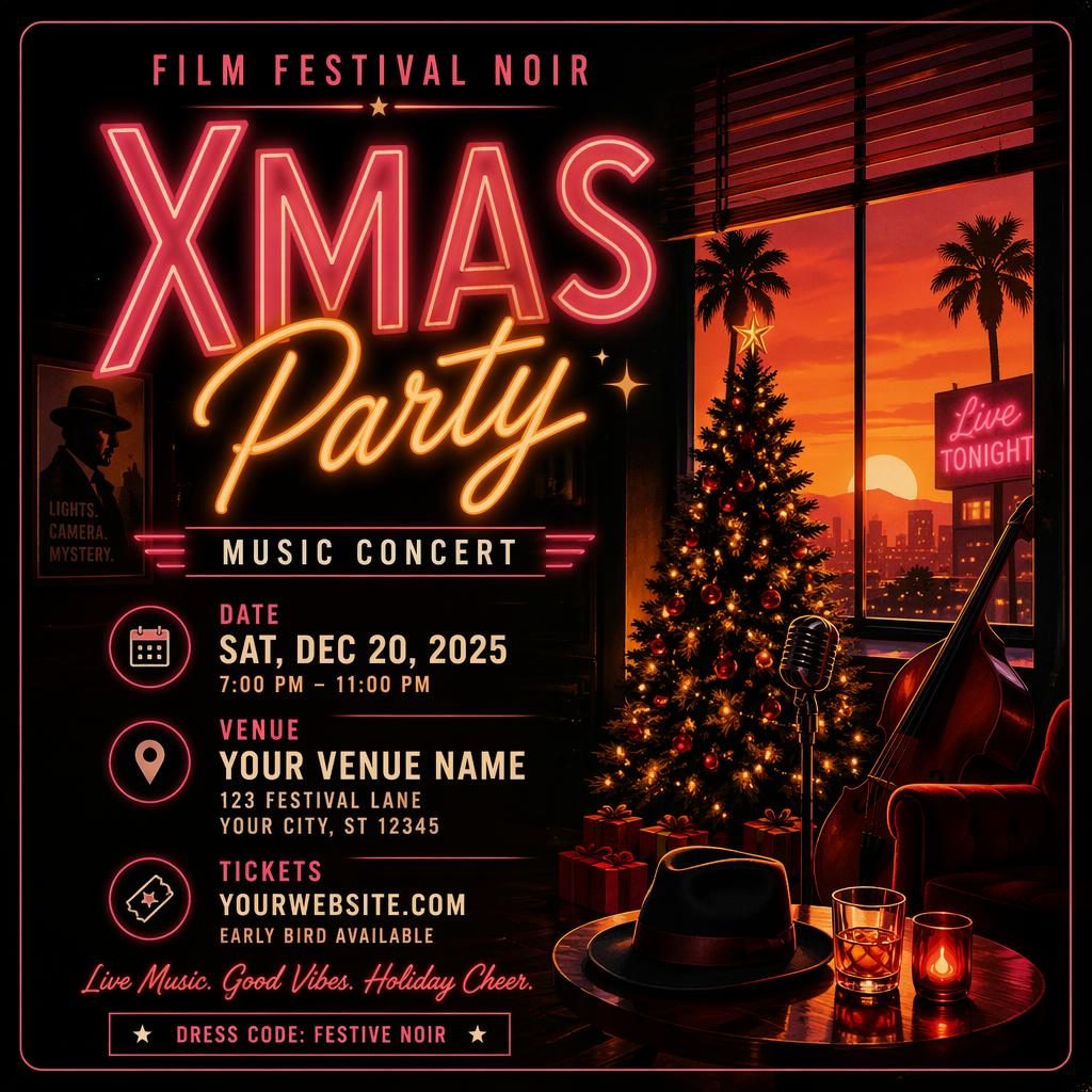 Retro 1980s neon event poster with film noir concert styling, warm sunset colors, cozy mood, and sharp placeholder text.