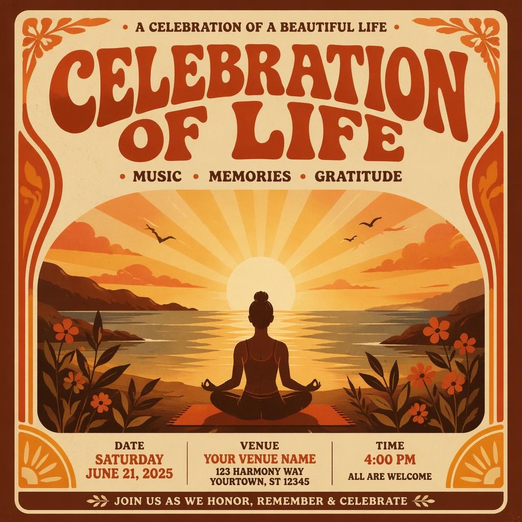 Vintage 1960s-style event poster with sunrise yoga imagery, warm sunset tones, cozy mood, and sharp placeholder text