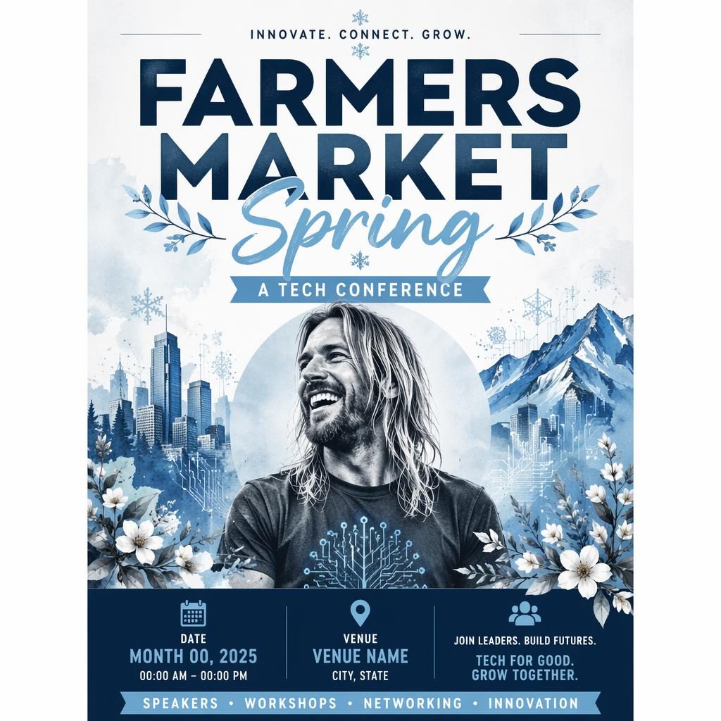 Modern editorial event poster with a winter ice palette, festive seasonal layout, and sharp English placeholder text.