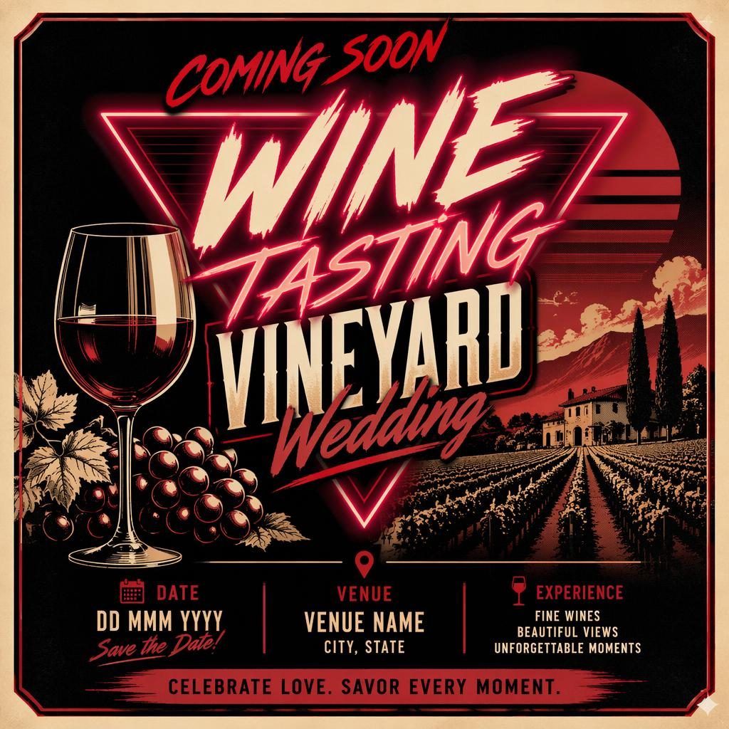 Retro 1980s neon wedding wine tasting vineyard event poster in cream and red with bold typography and clean date venue placeholders.