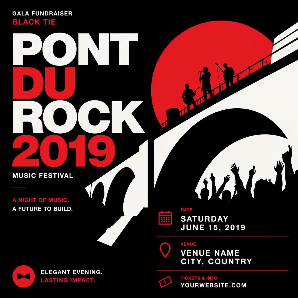 Affiche d’événement minimaliste suisse, palette contrastée, visuel énergique de gala black tie pour festival de musique.