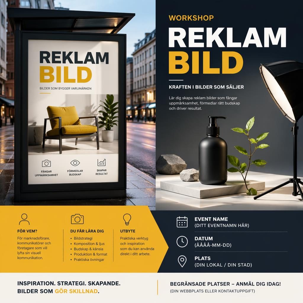 Eventposter med urban billboard, produktdisplay i studio, grafiska overlays och platshållartext för namn, datum och plats.