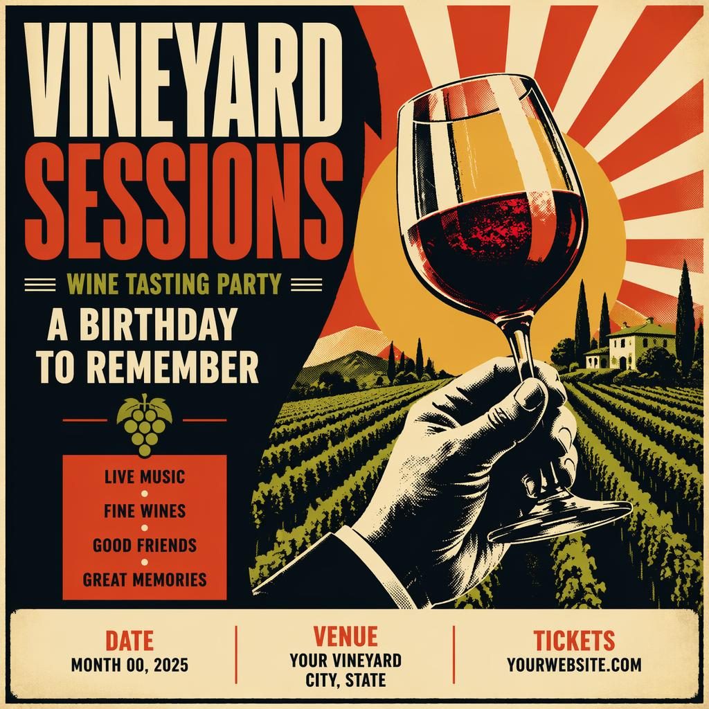 Vintage 1960s-style event poster for a vineyard wine tasting birthday party with bold colors, readable date and venue text