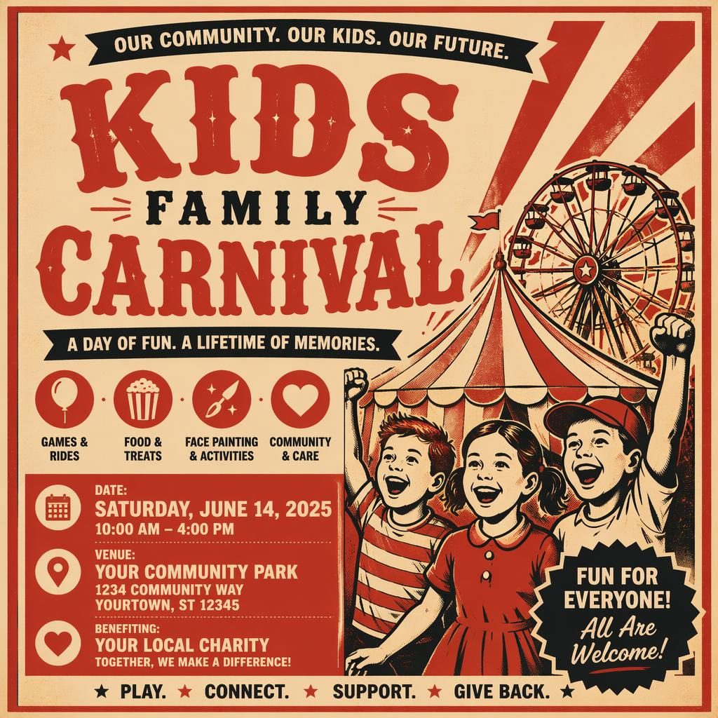 Vintage 1960s-style kids family carnival event poster in cream and red with bold typography and readable date and venue placeholders.