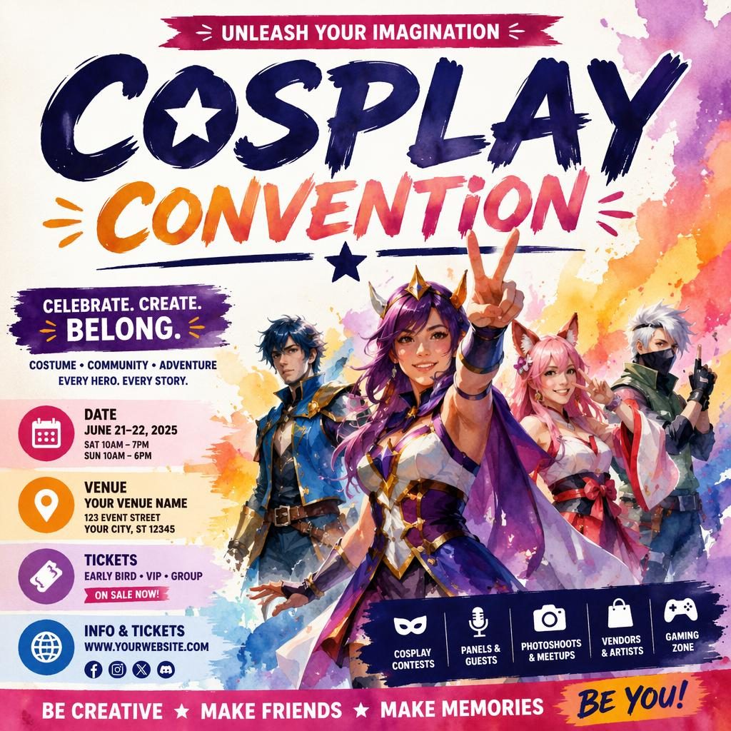 Watercolor event poster for a cosplay convention wellness retreat with energetic figures, bold colors, and sharp English placeholder text.