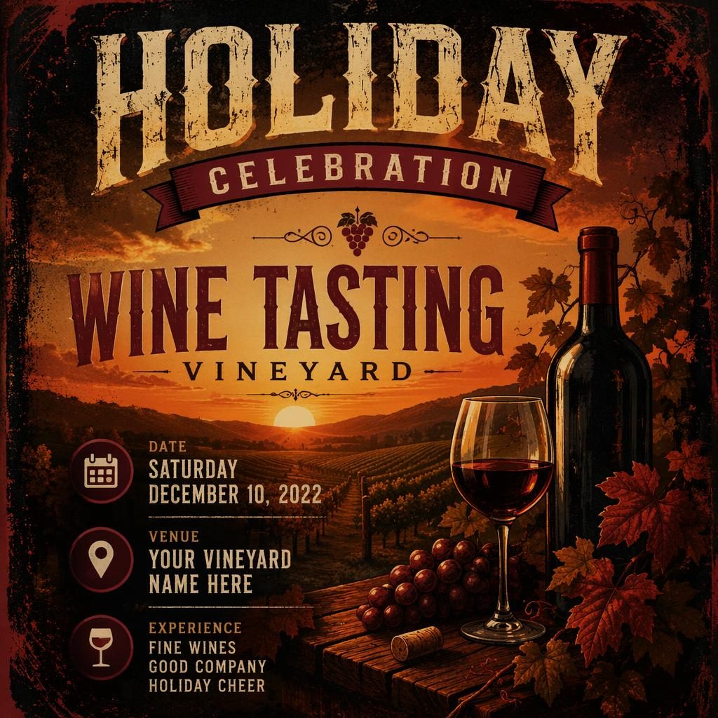 Grunge-style holiday wine tasting vineyard event poster with warm sunset tones, cozy mood, and sharp placeholder text